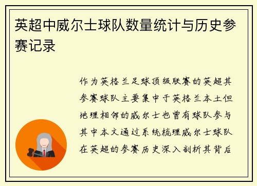英超中威尔士球队数量统计与历史参赛记录