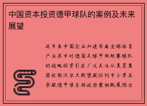 中国资本投资德甲球队的案例及未来展望
