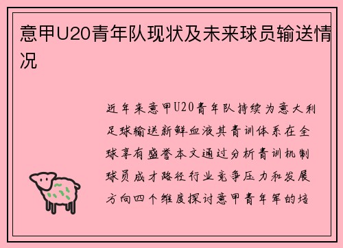 意甲U20青年队现状及未来球员输送情况